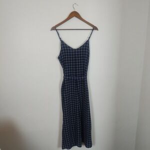 Monteau Navy White Grid Print Spaghetti Strap Tie Waist Cropped Jumpsuit M